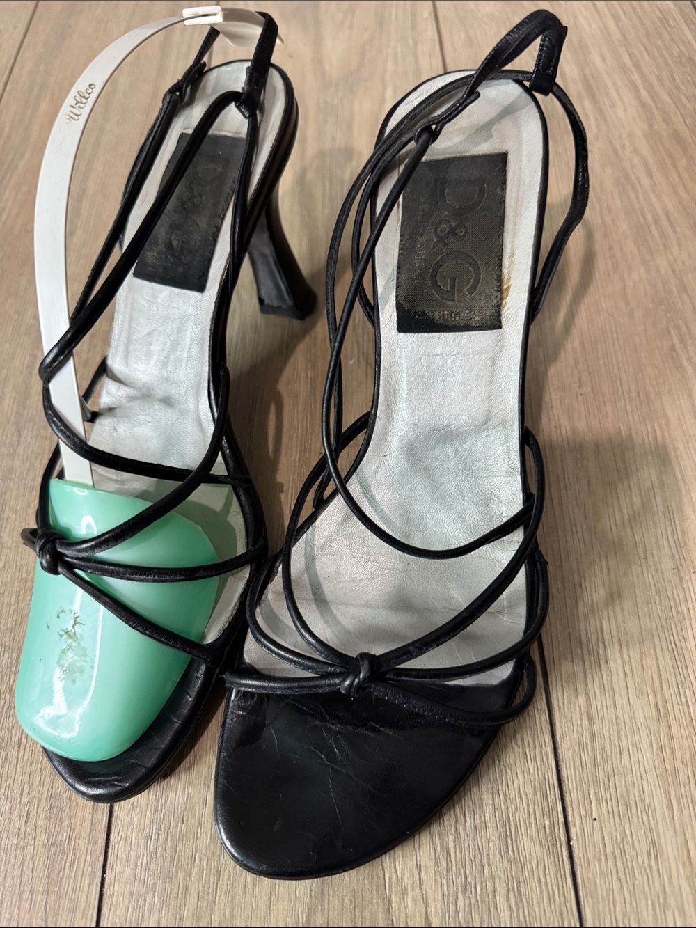 D&G Black Strappy Slingback Heels with Mint Accent